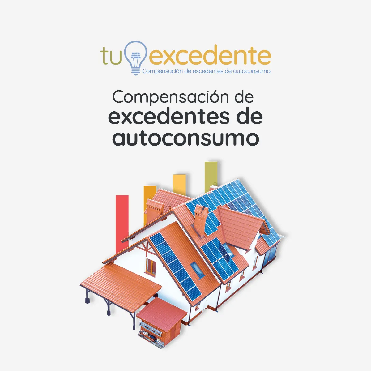 Casa con placas solares en el tejado y un gráfico de barras ascendente, con el título «Compensación de excedentes de autoconsumo»