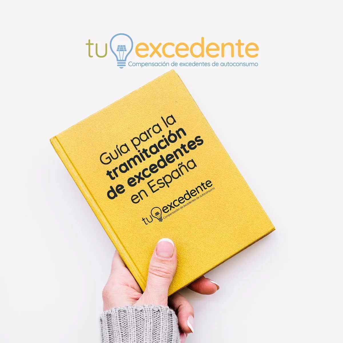 Mano que sostiene un libro amarillo titulado «Guía para la tramitación de excedentes en España»
