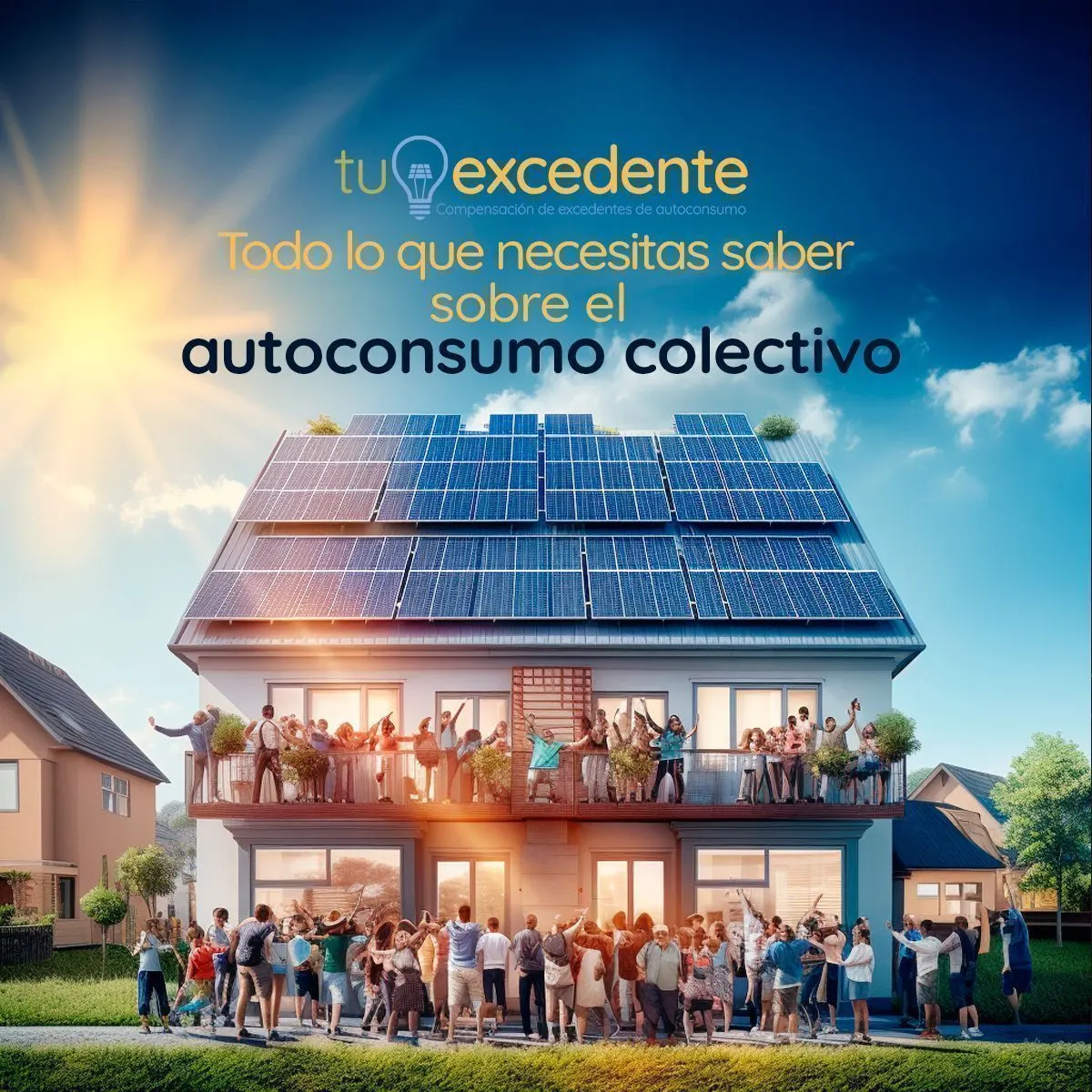 Edificio con el tejado cubierto de placas solares y vecinos celebrándolo en balcones y en la calle