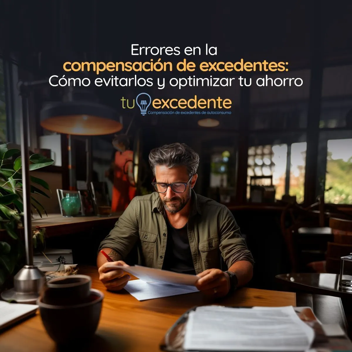 Hombre revisando facturas y documentos en una mesa, con el título «Errores en la compensación de excedentes»