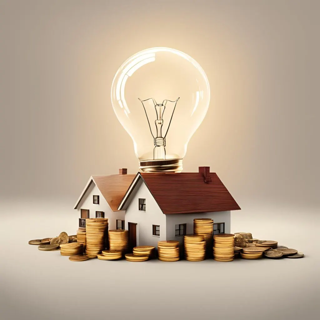 Dibujo sencillo de una casa con una bombilla, monedas y una familia, que representa el ahorro en la factura de la luz