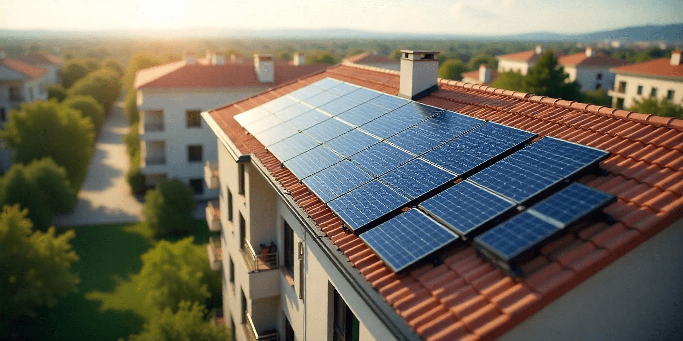Instalación de paneles solares en la azotea de un edificio residencial, con varios hogares compartiendo energía renovable en un sistema de autoconsumo colectivo.