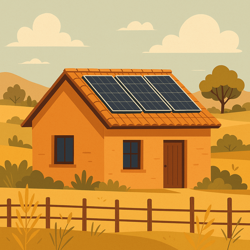 Instalación de placas solares en una vivienda ubicada en suelo rústico, con entorno natural y estructura adaptada al autoconsumo energético.