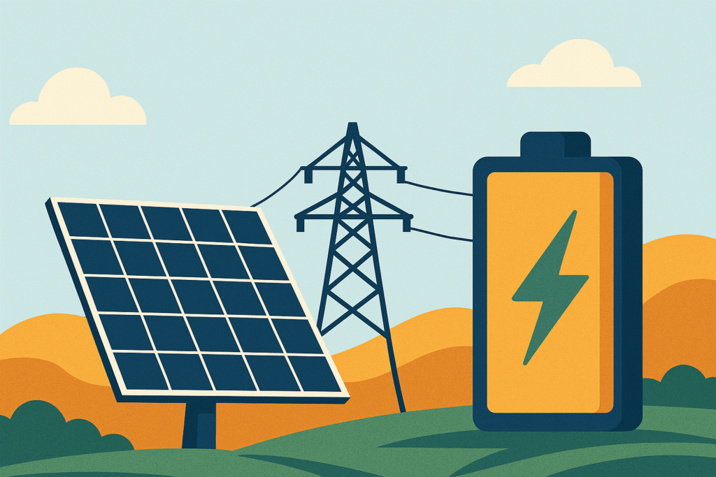 Ilustración digital de paneles solares, torre eléctrica y batería, representando el autoconsumo, el almacenamiento energético y la batería virtual en el contexto de la transición energética en España.



