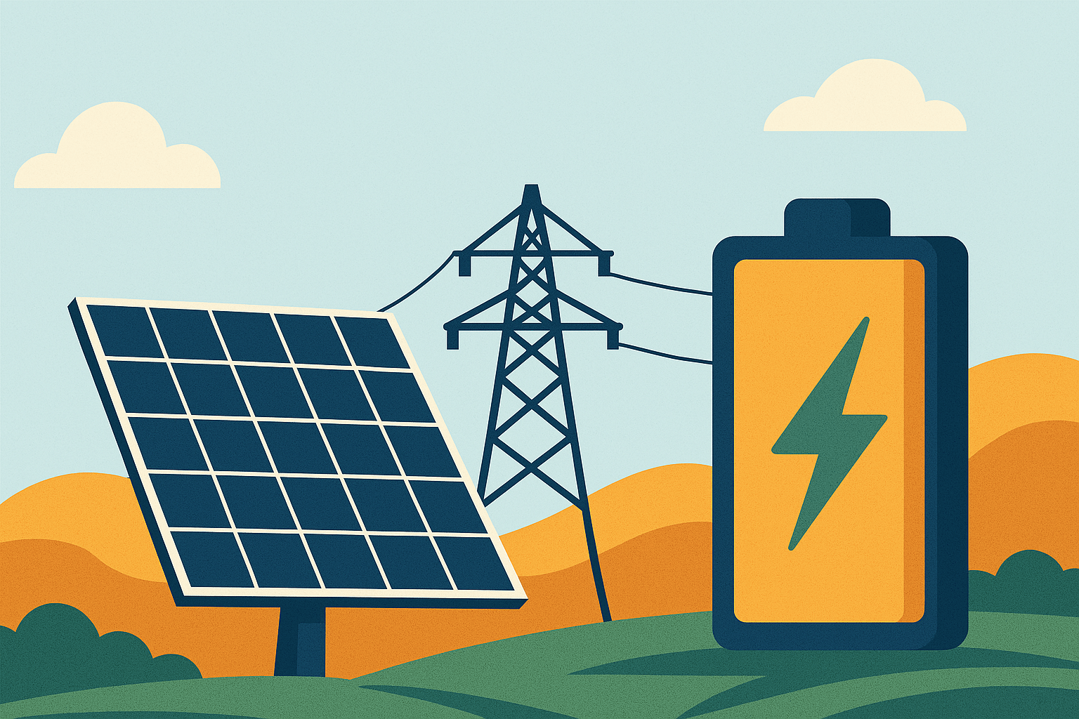 Ilustración digital de paneles solares, torre eléctrica y batería, representando el autoconsumo, el almacenamiento energético y la batería virtual en el contexto de la transición energética en España.