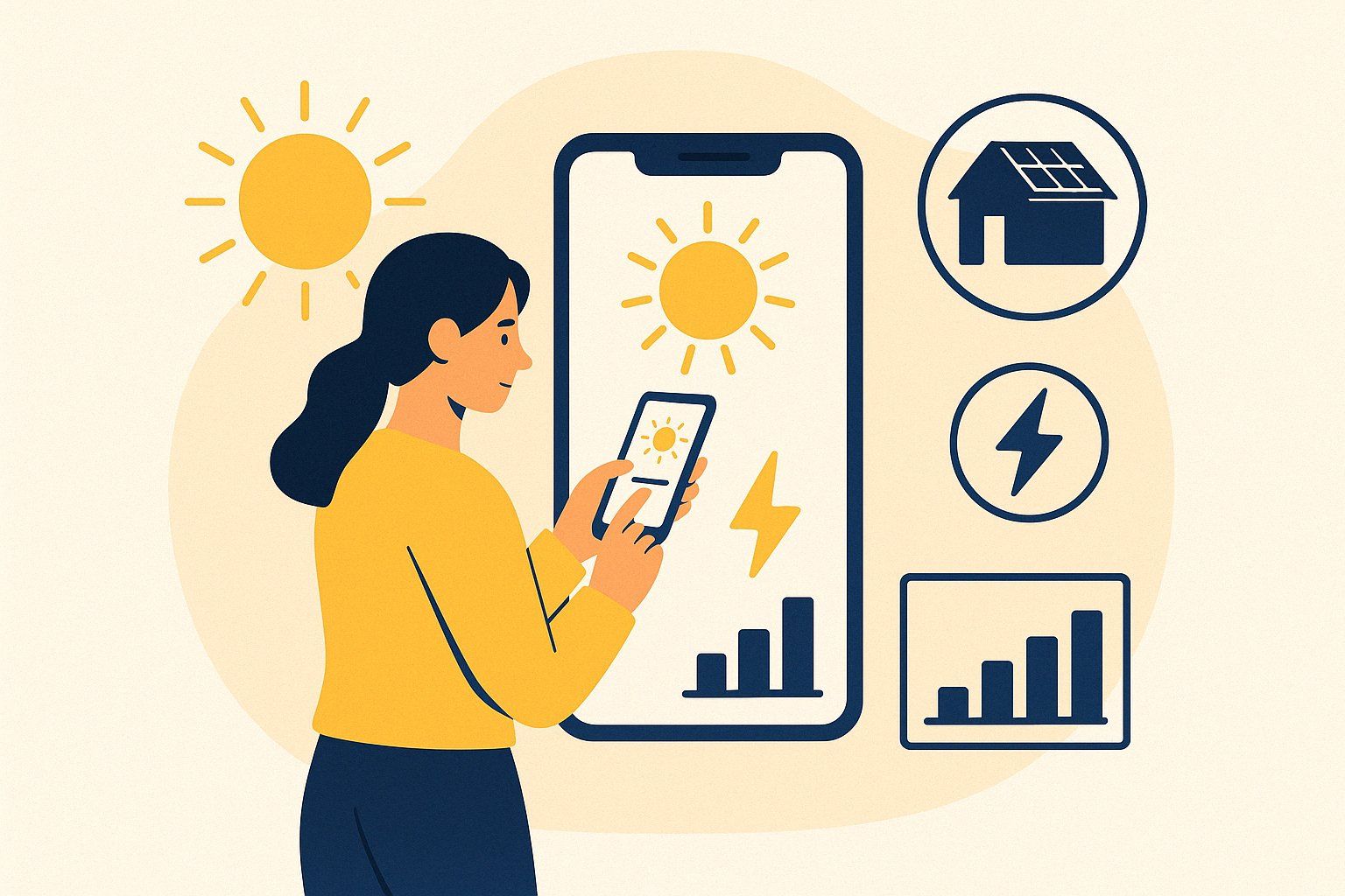 Mujer consultando una app de autoconsumo solar en su móvil, rodeada de iconos de energía, gráfico de consumo y casa con placas solares.