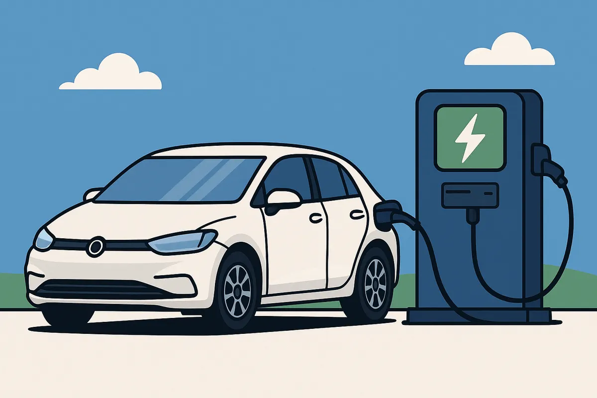 Ilustración de un coche eléctrico blanco cargando en una estación bajo un cielo azul
