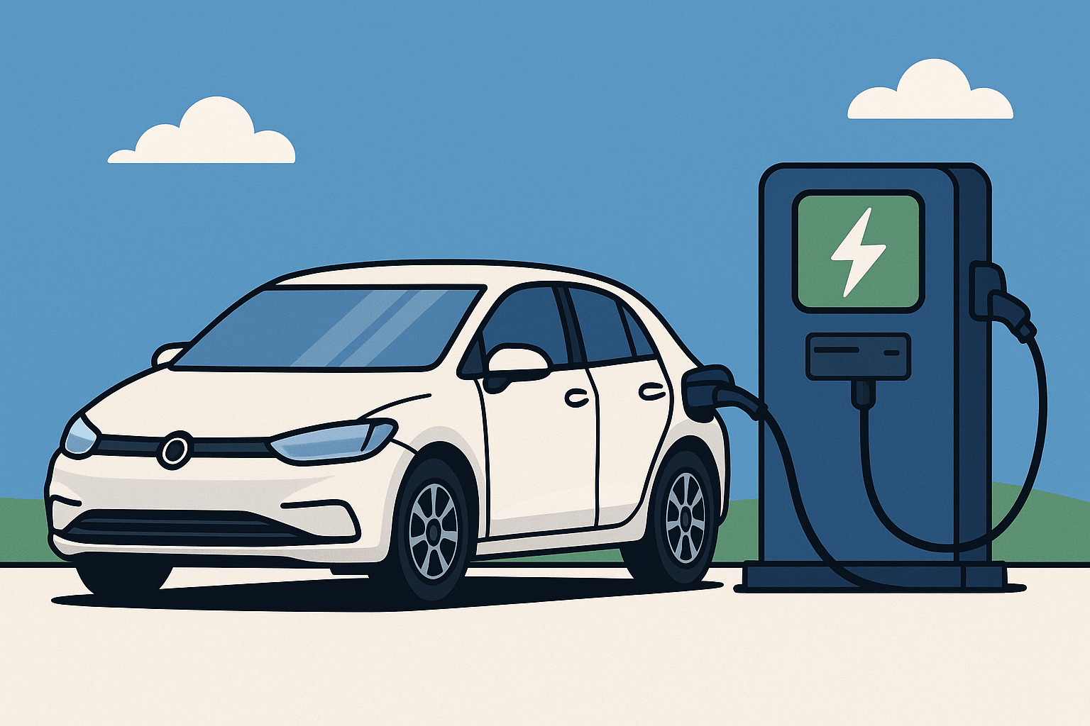 Ilustración de un coche eléctrico blanco cargando en una estación bajo un cielo azul, representando la movilidad sostenible y las ayudas del Plan Moves III en 2025.