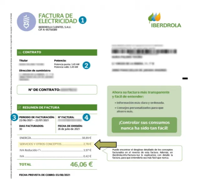 Ejemplo de factura de electricidad de Iberdrola con los datos personales difuminados y el concepto «Servicios y otros conceptos» señalado con una flecha