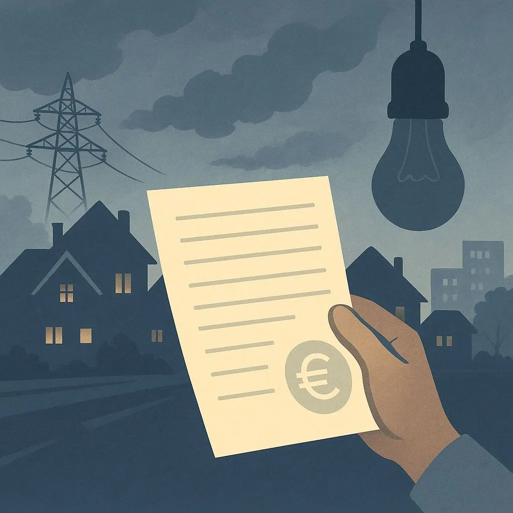 Ilustración de una mano sosteniendo una factura de la luz con el símbolo del euro, con una bombilla apagada, viviendas y una torre eléctrica al fondo