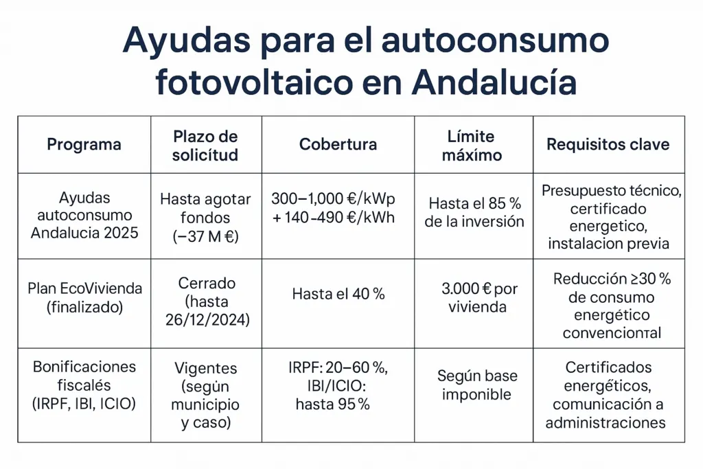 Ayudas para el autoconsumo fotovoltaico en Andalucía: resumen gráfico de ayudas, planes finalizados y bonificaciones fiscales
