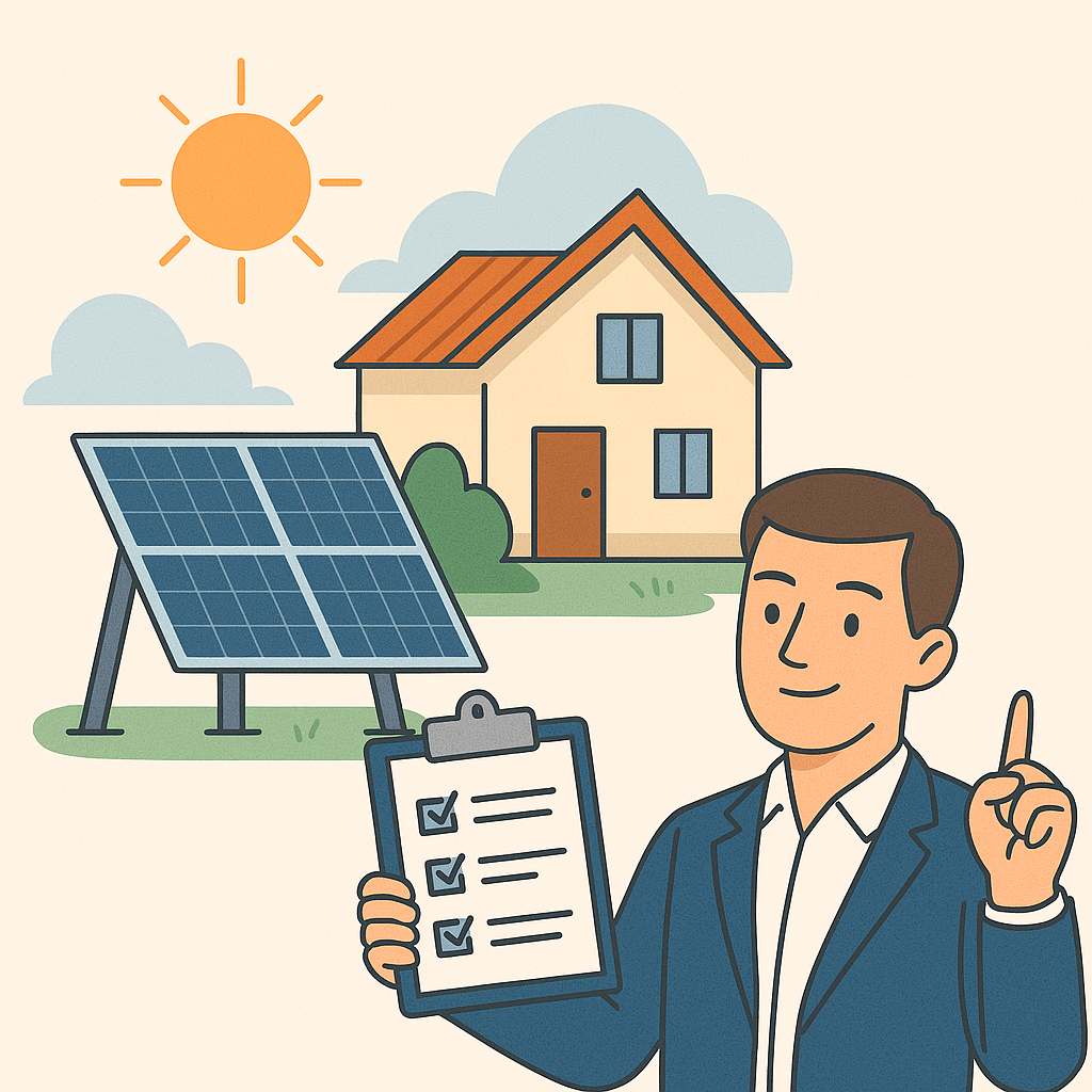 Ilustración de ayudas autoconsumo Andalucía 2025 con casa, placas solares y figura explicativa