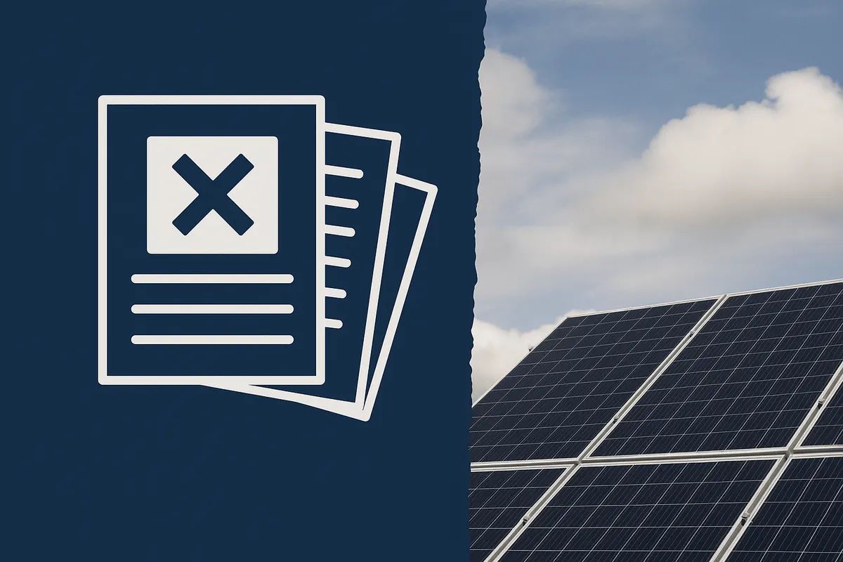 Ilustración conceptual sobre el impacto de la caída del decreto antiapagones en el autoconsumo, con paneles solares y documentos anulados