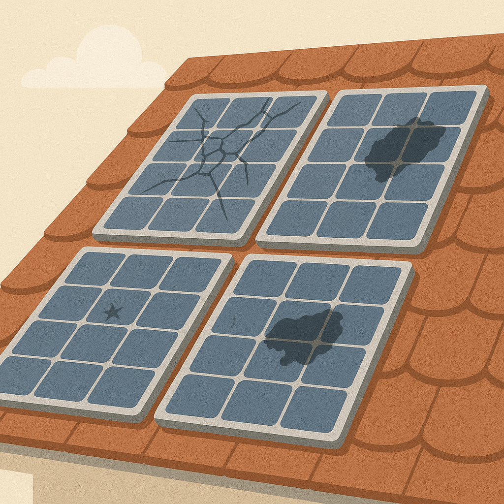 Ilustración digital de un tejado con placas solares dañadas, algunas con grietas visibles y otras con manchas oscuras, representando los riesgos de instalar placas solares de segunda mano.