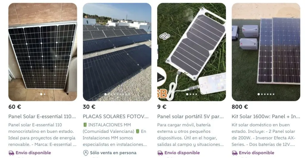 Anuncios de placas solares de segunda mano en un portal de compraventa, con paneles sueltos, un panel portátil para cargar el móvil y un kit con baterías, a precios entre 9 € y 800 €