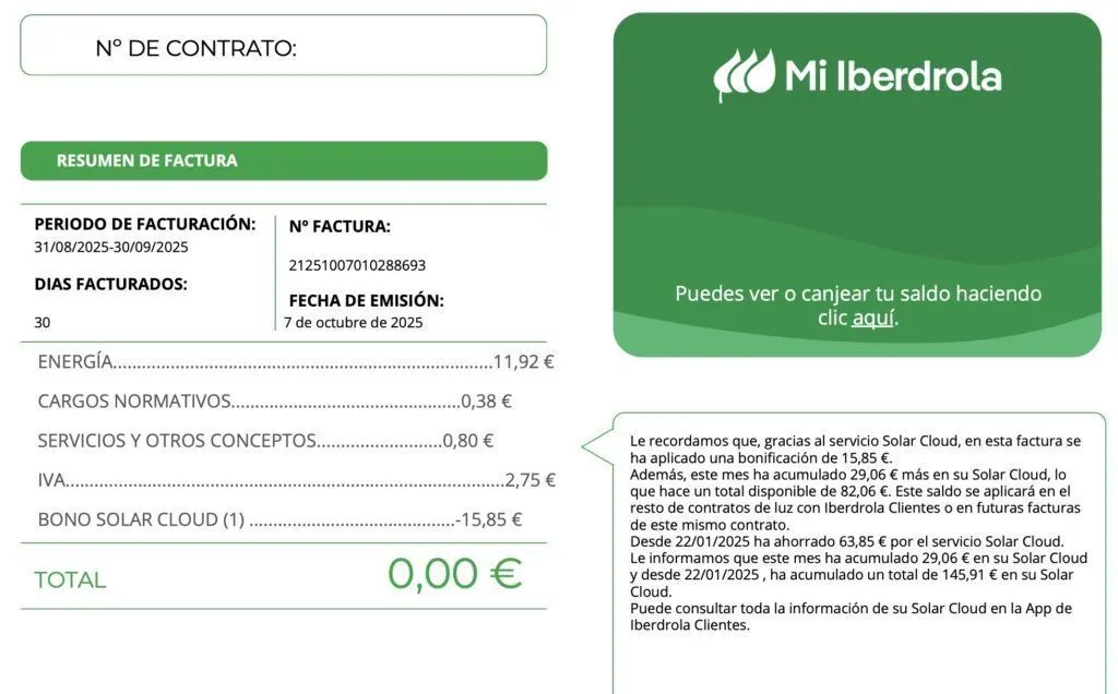 Ejemplo de factura de Iberdrola de septiembre de 2025 con total de 0,00 €: energía 11,92 €, cargos normativos 0,38 €, servicios 0,80 € e IVA 2,75 €, compensados con un bono Solar Cloud de 15,85 €