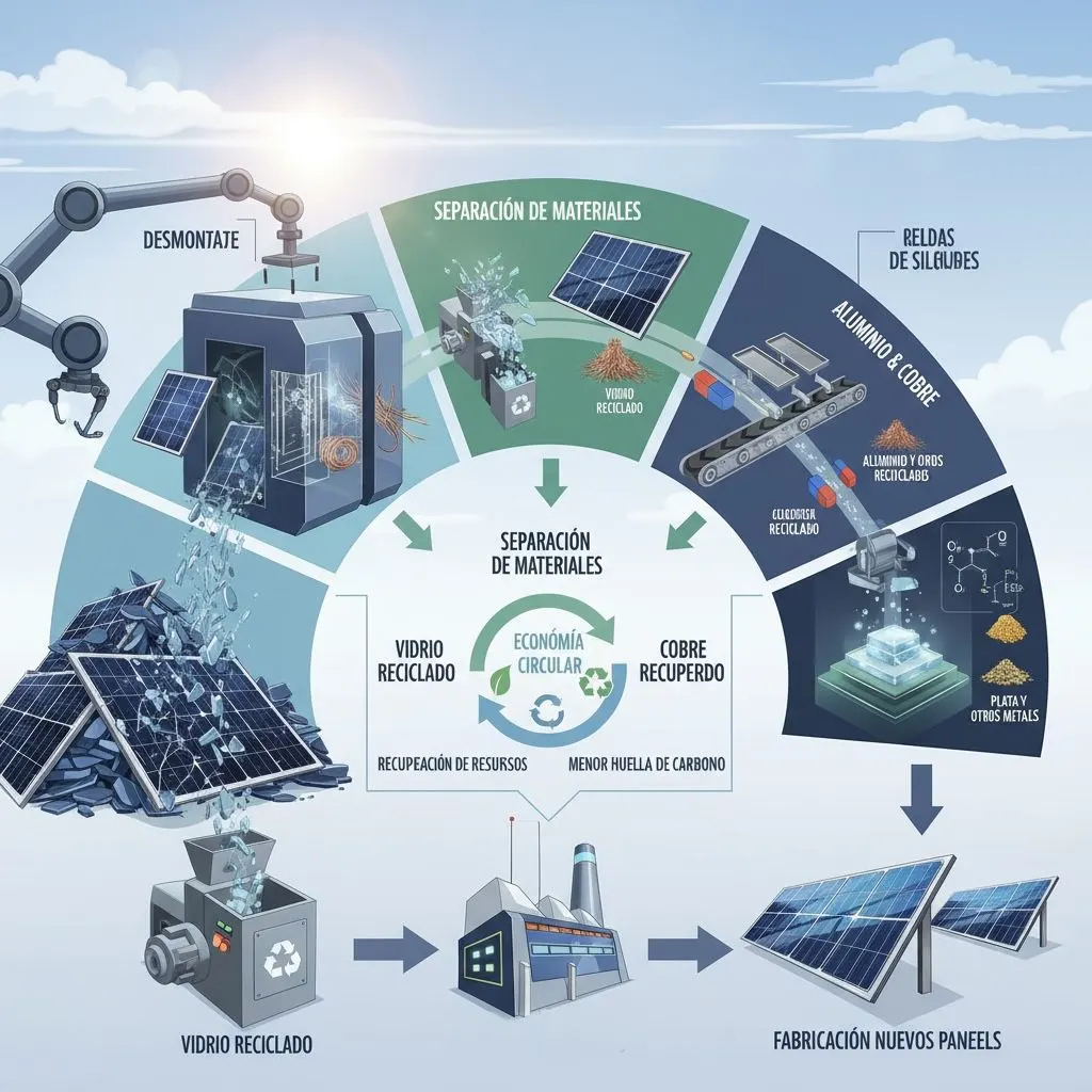 Infografía del ciclo de reciclaje de paneles solares: desmontaje, separación de materiales, recuperación de vidrio, aluminio, cobre y plata, y fabricación de nuevos paneles dentro de la economía circular