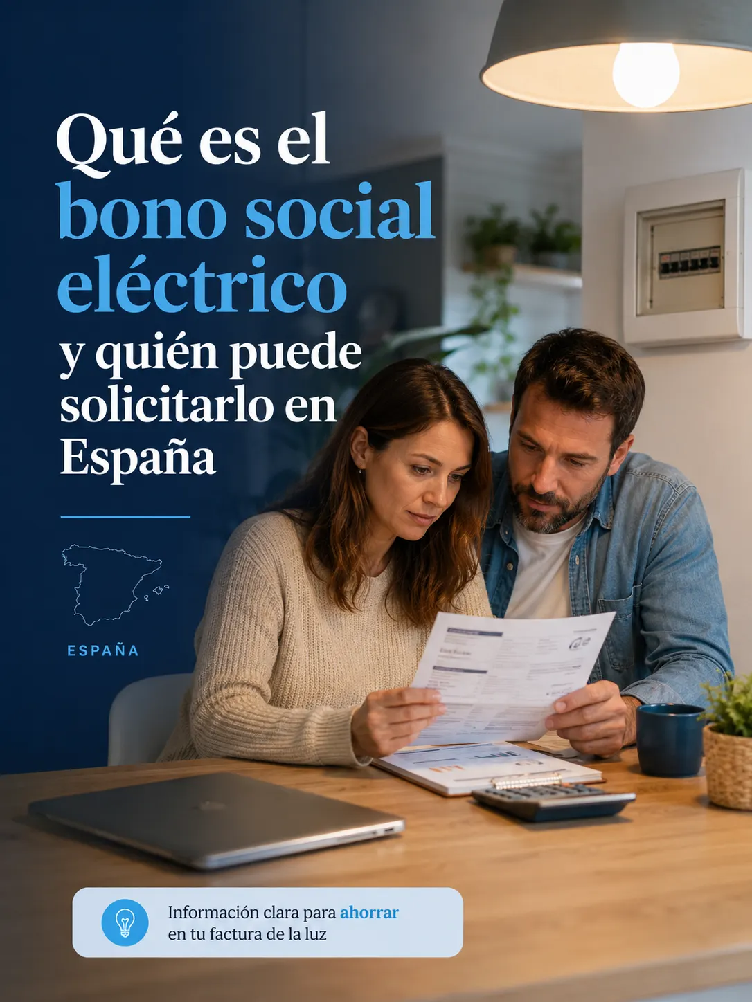 Pareja revisando una factura de la luz en la mesa de la cocina junto al título «Qué es el bono social eléctrico y quién puede solicitarlo en España»