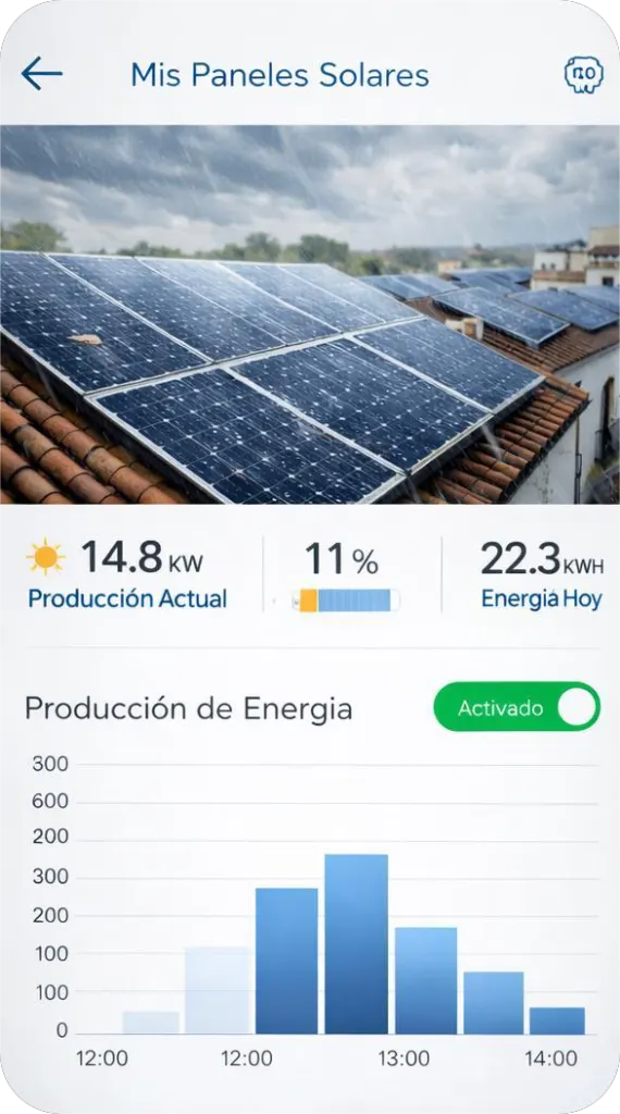 Pantalla ilustrativa de una app de monitorización solar mostrando la producción de unas placas en un día de lluvia