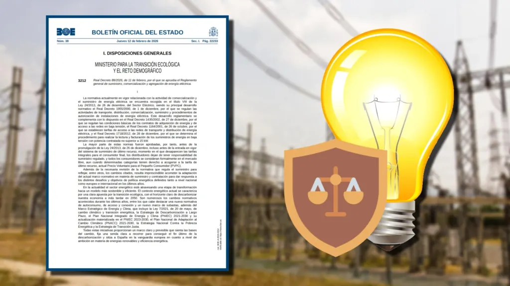 Página del BOE del 12 de febrero de 2026 con el Real Decreto 88/2026, que aprueba el Reglamento general de suministro, comercialización y agregación de energía eléctrica