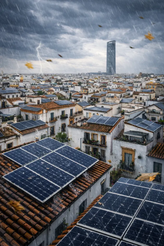 Tejados de una ciudad con placas solares bajo una tormenta con lluvia, viento y relámpagos