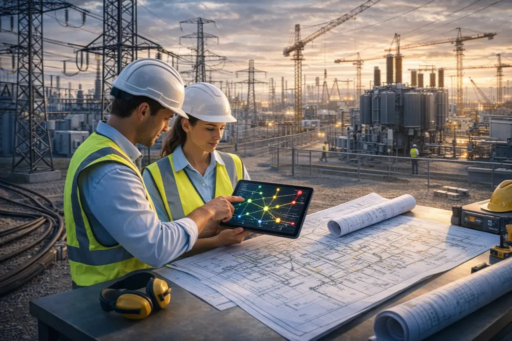 Dos técnicos con casco revisan en una tableta el esquema de la red junto a planos, en una subestación eléctrica en obras