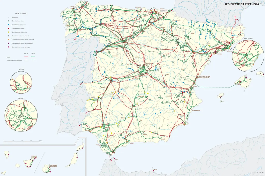 Mapa de la red eléctrica española con las líneas de 400 kV y 220 kV, las subestaciones y las centrales de generación por tecnología