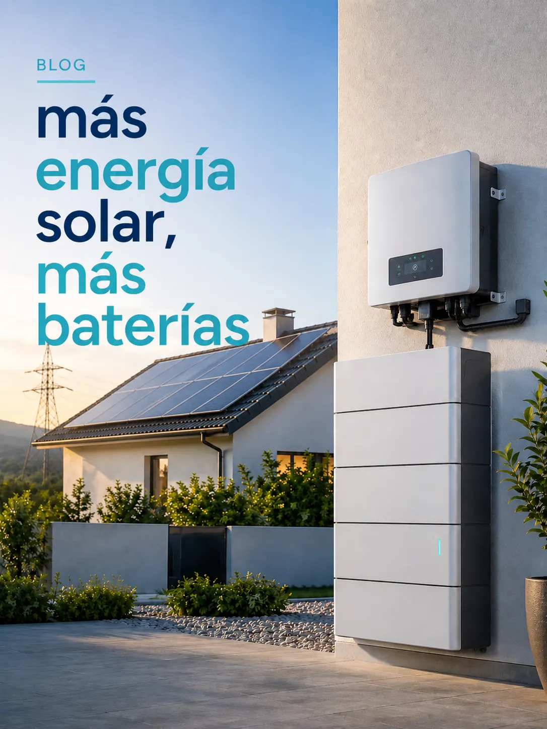 Vivienda con placas solares en el tejado y una batería doméstica con inversor en la fachada, bajo el lema «más energía solar, más baterías»